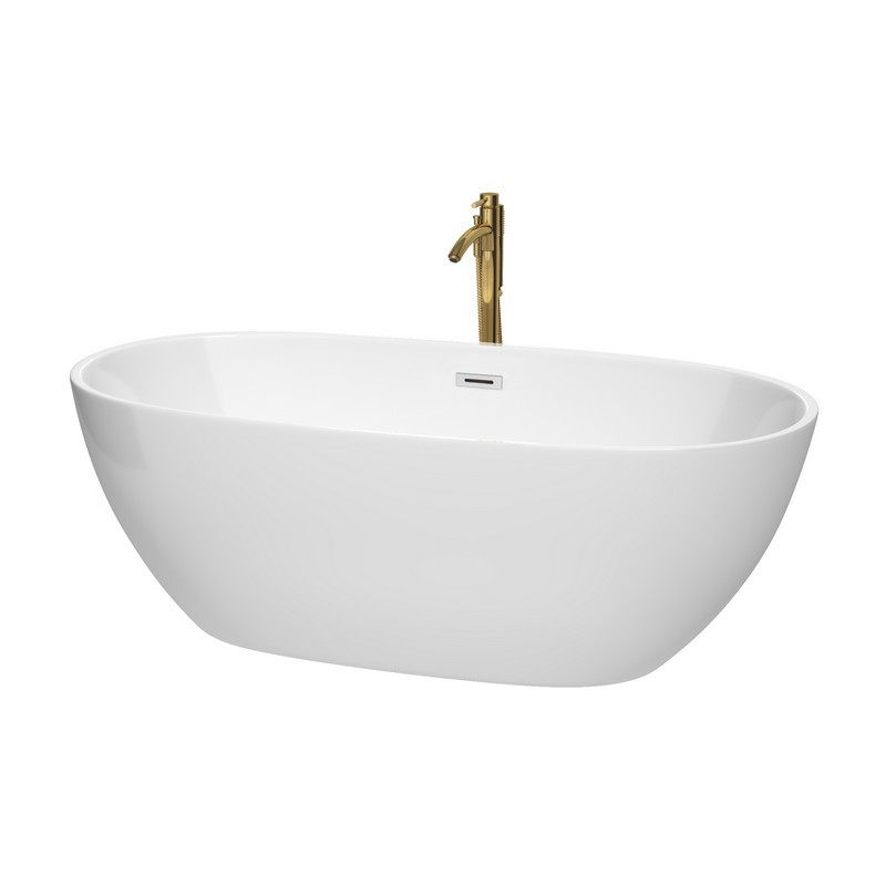 WYNDHAM COLLECTION WCBTK156167PCATPGD JUNO 67 INCH FREESTANDING BATHTUB IN WHITE WITH POLISHED CHROME TRIM AND FLOOR MOUNTED FAUCET IN BRUSHED GOLD