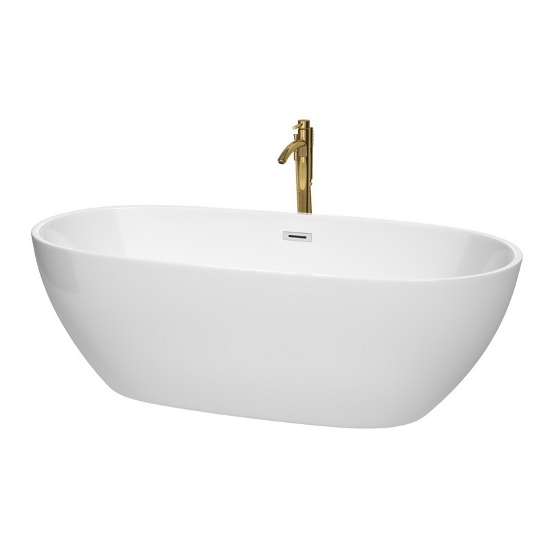 WYNDHAM COLLECTION WCBTK156171PCATPGD JUNO 71 INCH FREESTANDING BATHTUB IN WHITE WITH POLISHED CHROME TRIM AND FLOOR MOUNTED FAUCET IN BRUSHED GOLD