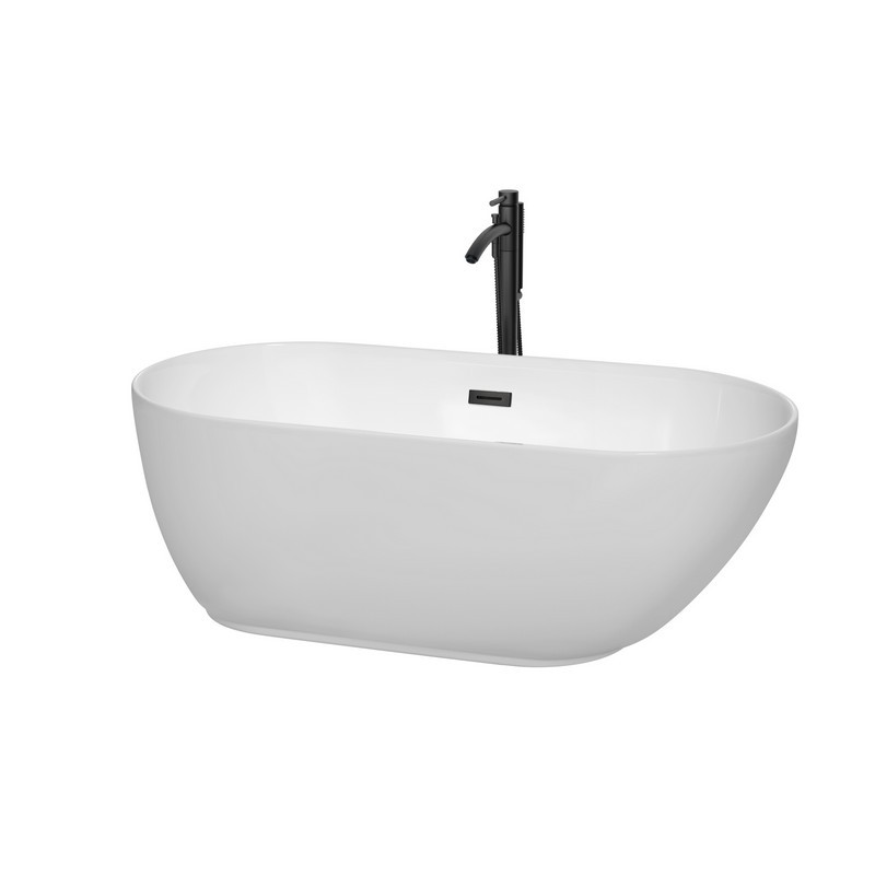 WYNDHAM COLLECTION WCOBT100060MBATPBK MELISSA 60 INCH FREESTANDING BATHTUB IN WHITE WITH FLOOR MOUNTED FAUCET, DRAIN AND OVERFLOW TRIM IN MATTE BLACK