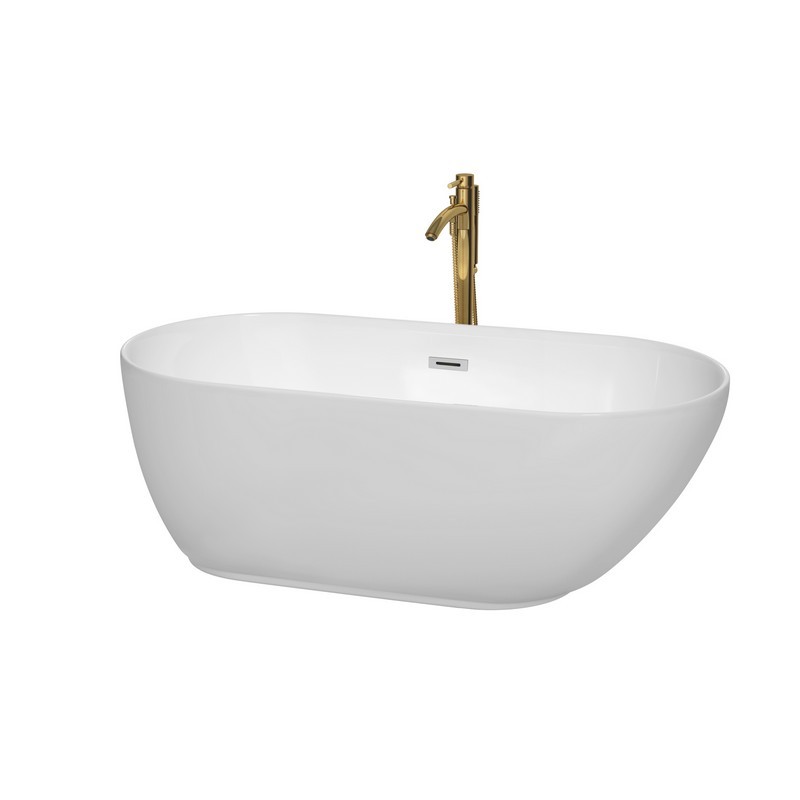 WYNDHAM COLLECTION WCOBT100060PCATPGD MELISSA 60 INCH FREESTANDING BATHTUB IN WHITE WITH POLISHED CHROME TRIM AND FLOOR MOUNTED FAUCET IN BRUSHED GOLD