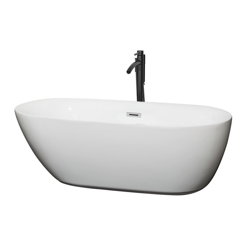 WYNDHAM COLLECTION WCOBT100065PCATPBK MELISSA 65 INCH FREESTANDING BATHTUB IN WHITE WITH POLISHED CHROME TRIM AND FLOOR MOUNTED FAUCET IN MATTE BLACK