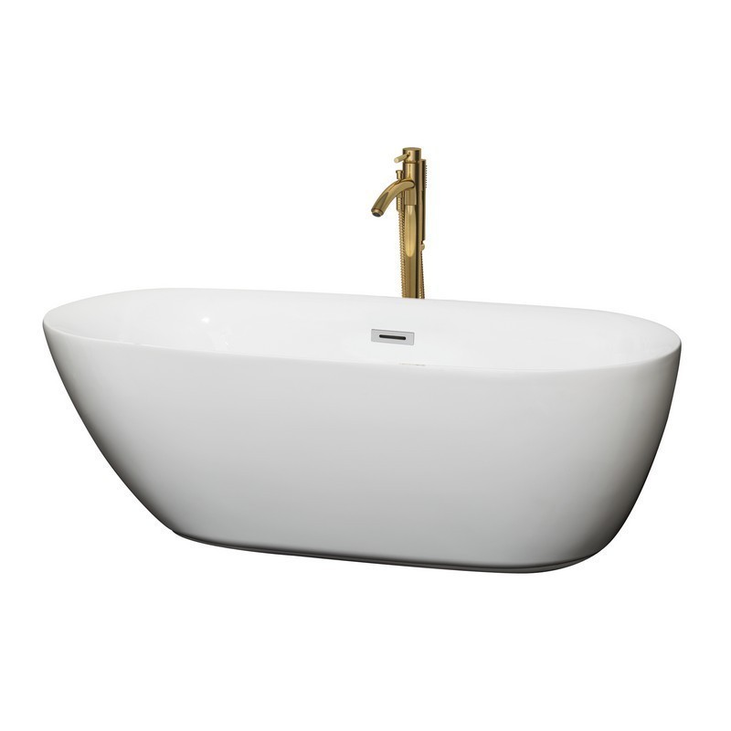 WYNDHAM COLLECTION WCOBT100065PCATPGD MELISSA 65 INCH FREESTANDING BATHTUB IN WHITE WITH POLISHED CHROME TRIM AND FLOOR MOUNTED FAUCET IN BRUSHED GOLD