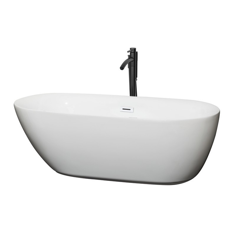 WYNDHAM COLLECTION WCOBT100065SWATPBK MELISSA 65 INCH FREESTANDING BATHTUB IN WHITE WITH SHINY WHITE TRIM AND FLOOR MOUNTED FAUCET IN MATTE BLACK
