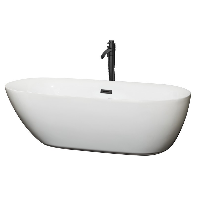 WYNDHAM COLLECTION WCOBT100071MBATPBK MELISSA 71 INCH FREESTANDING BATHTUB IN WHITE WITH FLOOR MOUNTED FAUCET, DRAIN AND OVERFLOW TRIM IN MATTE BLACK
