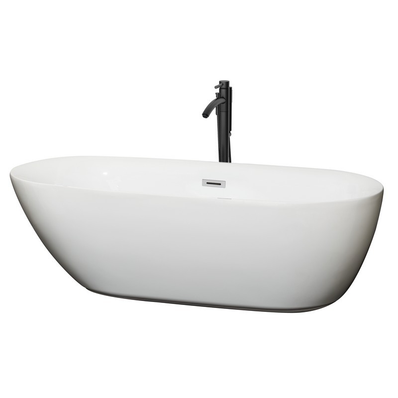 WYNDHAM COLLECTION WCOBT100071PCATPBK MELISSA 71 INCH FREESTANDING BATHTUB IN WHITE WITH POLISHED CHROME TRIM AND FLOOR MOUNTED FAUCET IN MATTE BLACK