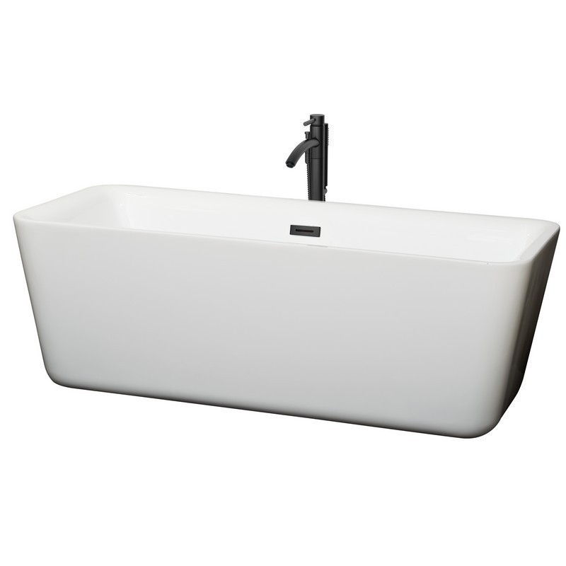 WYNDHAM COLLECTION WCOBT100169MBATPBK EMILY 69 INCH FREESTANDING BATHTUB IN WHITE WITH FLOOR MOUNTED FAUCET, DRAIN AND OVERFLOW TRIM IN MATTE BLACK