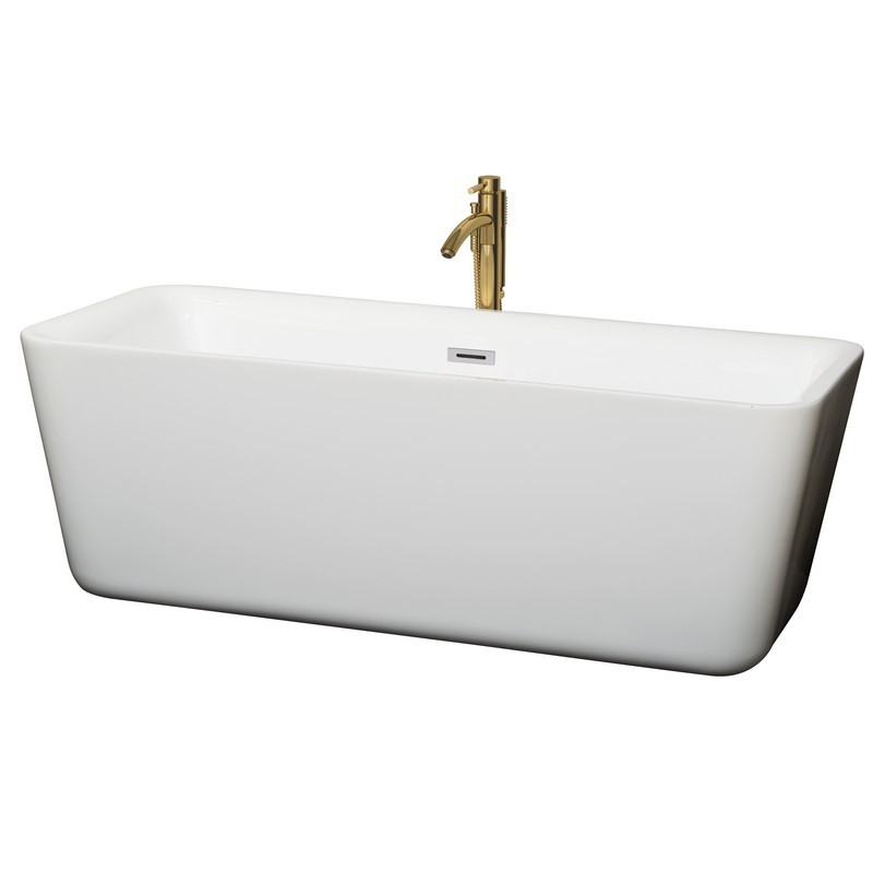 WYNDHAM COLLECTION WCOBT100169PCATPGD EMILY 69 INCH FREESTANDING BATHTUB IN WHITE WITH POLISHED CHROME TRIM AND FLOOR MOUNTED FAUCET IN BRUSHED GOLD