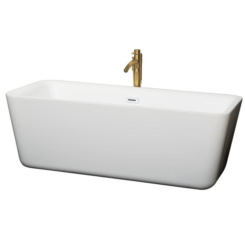 WYNDHAM COLLECTION WCOBT100169SWATPGD EMILY 69 INCH FREESTANDING BATHTUB IN WHITE WITH SHINY WHITE TRIM AND FLOOR MOUNTED FAUCET IN BRUSHED GOLD