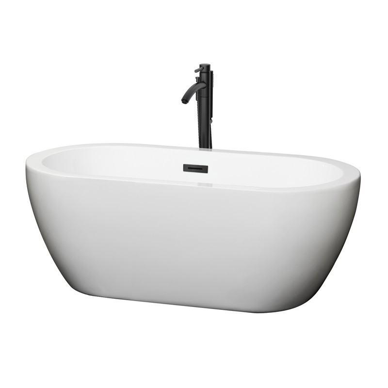 WYNDHAM COLLECTION WCOBT100260MBATPBK SOHO 60 INCH FREESTANDING BATHTUB IN WHITE WITH FLOOR MOUNTED FAUCET, DRAIN AND OVERFLOW TRIM IN MATTE BLACK