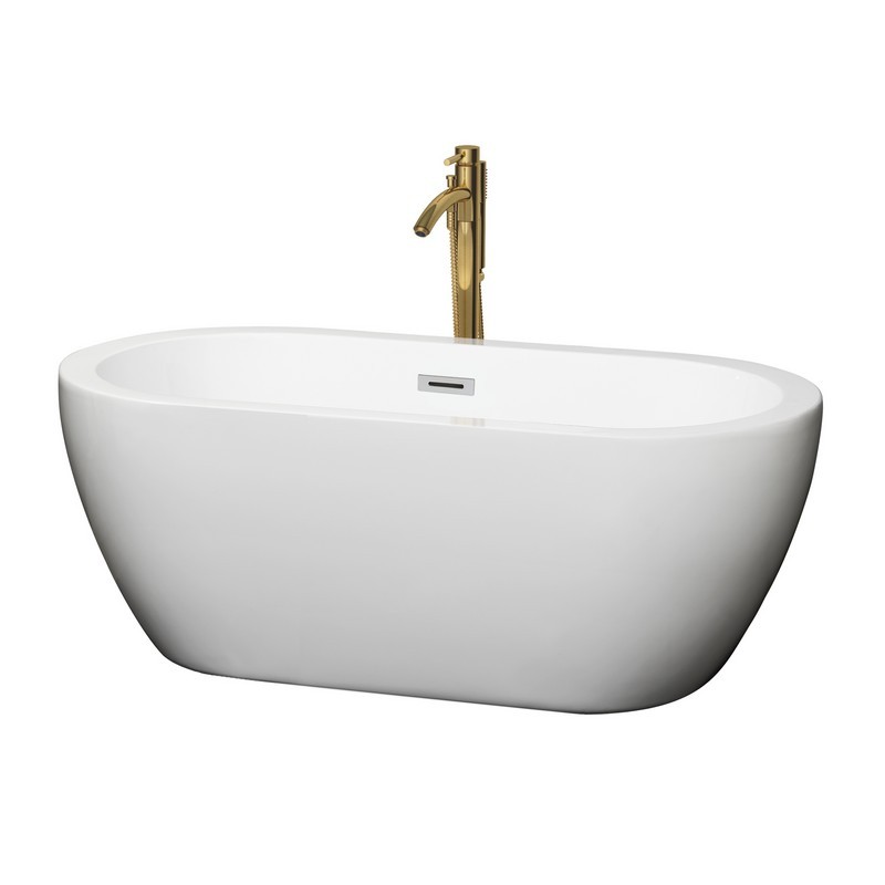 WYNDHAM COLLECTION WCOBT100260PCATPGD SOHO 60 INCH FREESTANDING BATHTUB IN WHITE WITH POLISHED CHROME TRIM AND FLOOR MOUNTED FAUCET IN BRUSHED GOLD