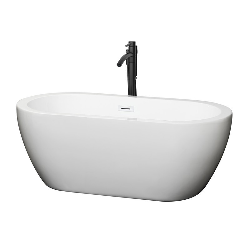 WYNDHAM COLLECTION WCOBT100260SWATPBK SOHO 60 INCH FREESTANDING BATHTUB IN WHITE WITH SHINY WHITE TRIM AND FLOOR MOUNTED FAUCET IN MATTE BLACK