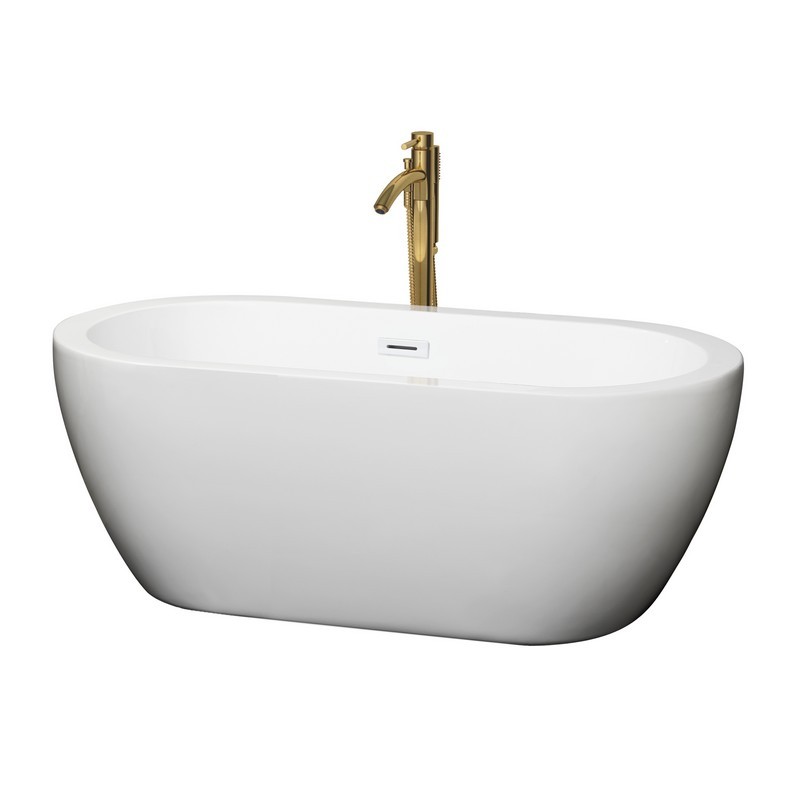 WYNDHAM COLLECTION WCOBT100260SWATPGD SOHO 60 INCH FREESTANDING BATHTUB IN WHITE WITH SHINY WHITE TRIM AND FLOOR MOUNTED FAUCET IN BRUSHED GOLD