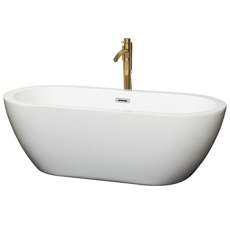 WYNDHAM COLLECTION WCOBT100268PCATPGD SOHO 68 INCH FREESTANDING BATHTUB IN WHITE WITH POLISHED CHROME TRIM AND FLOOR MOUNTED FAUCET IN BRUSHED GOLD