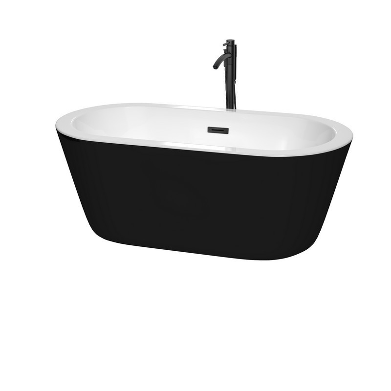 WYNDHAM COLLECTION WCOBT100360BKMBATPBK MERMAID 60 INCH FREESTANDING BATHTUB IN BLACK WITH WHITE INTERIOR WITH FLOOR MOUNTED FAUCET, DRAIN AND OVERFLOW TRIM IN MATTE BLACK