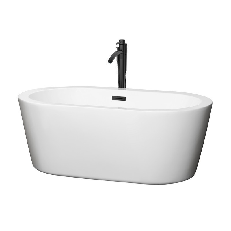 WYNDHAM COLLECTION WCOBT100360MBATPBK MERMAID 60 INCH FREESTANDING BATHTUB IN WHITE WITH FLOOR MOUNTED FAUCET, DRAIN AND OVERFLOW TRIM IN MATTE BLACK