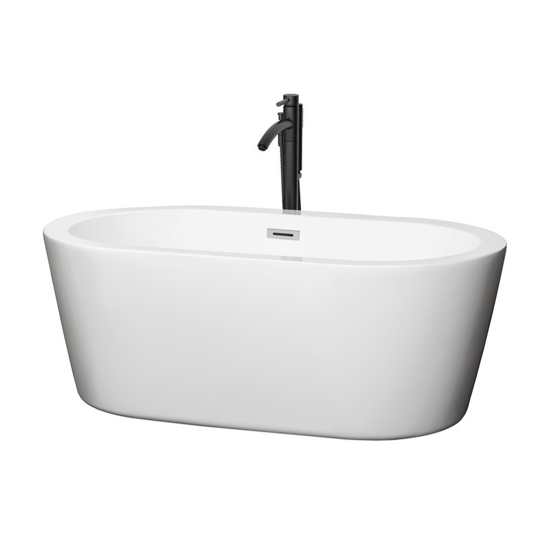 WYNDHAM COLLECTION WCOBT100360PCATPBK MERMAID 60 INCH FREESTANDING BATHTUB IN WHITE WITH POLISHED CHROME TRIM AND FLOOR MOUNTED FAUCET IN MATTE BLACK