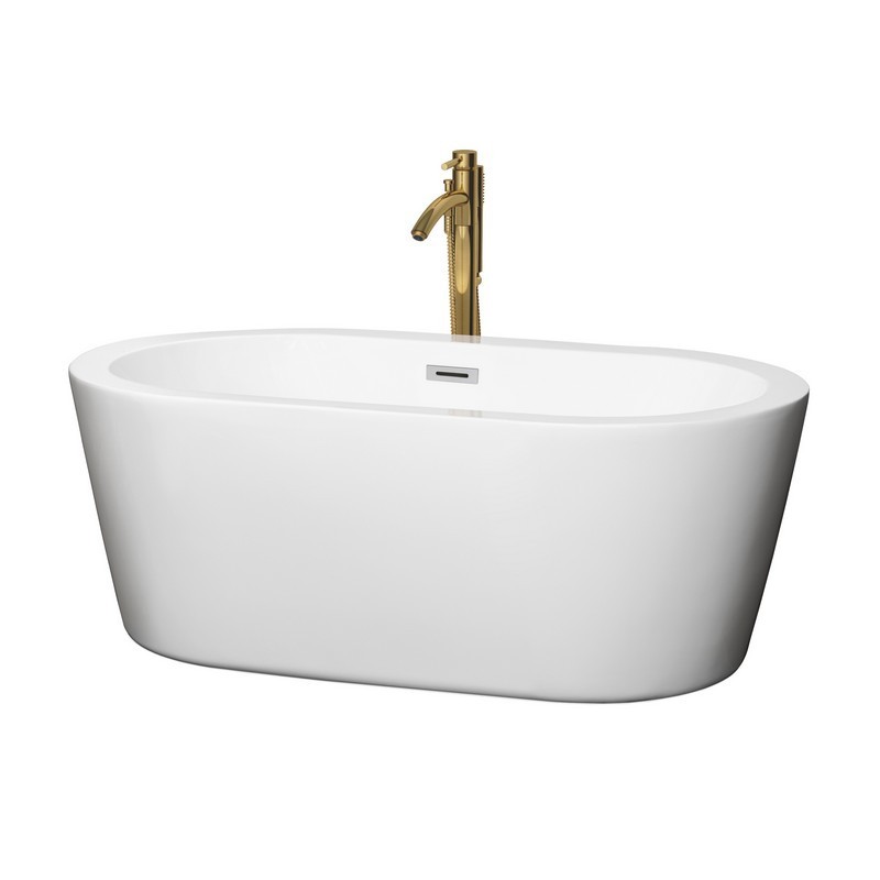 WYNDHAM COLLECTION WCOBT100360PCATPGD MERMAID 60 INCH FREESTANDING BATHTUB IN WHITE WITH POLISHED CHROME TRIM AND FLOOR MOUNTED FAUCET IN BRUSHED GOLD