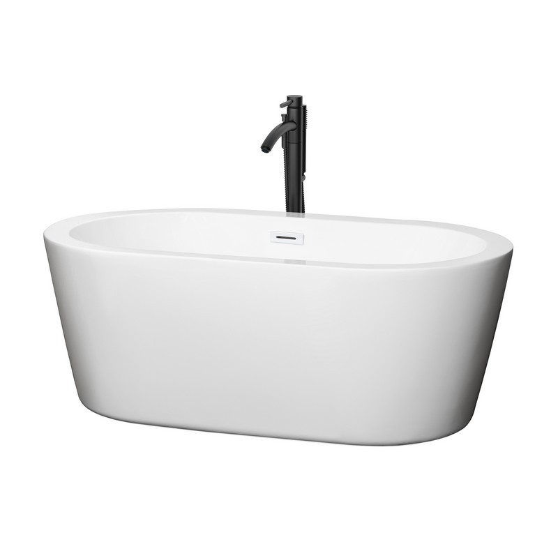 WYNDHAM COLLECTION WCOBT100360SWATPBK MERMAID 60 INCH FREESTANDING BATHTUB IN WHITE WITH SHINY WHITE TRIM AND FLOOR MOUNTED FAUCET IN MATTE BLACK