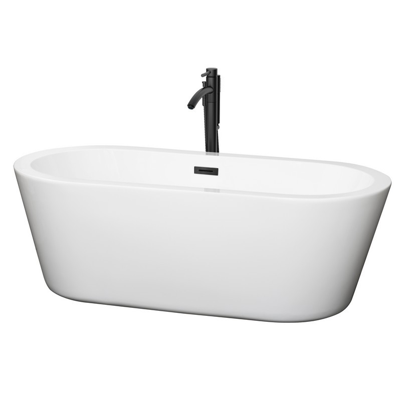 WYNDHAM COLLECTION WCOBT100367MBATPBK MERMAID 67 INCH FREESTANDING BATHTUB IN WHITE WITH FLOOR MOUNTED FAUCET, DRAIN AND OVERFLOW TRIM IN MATTE BLACK