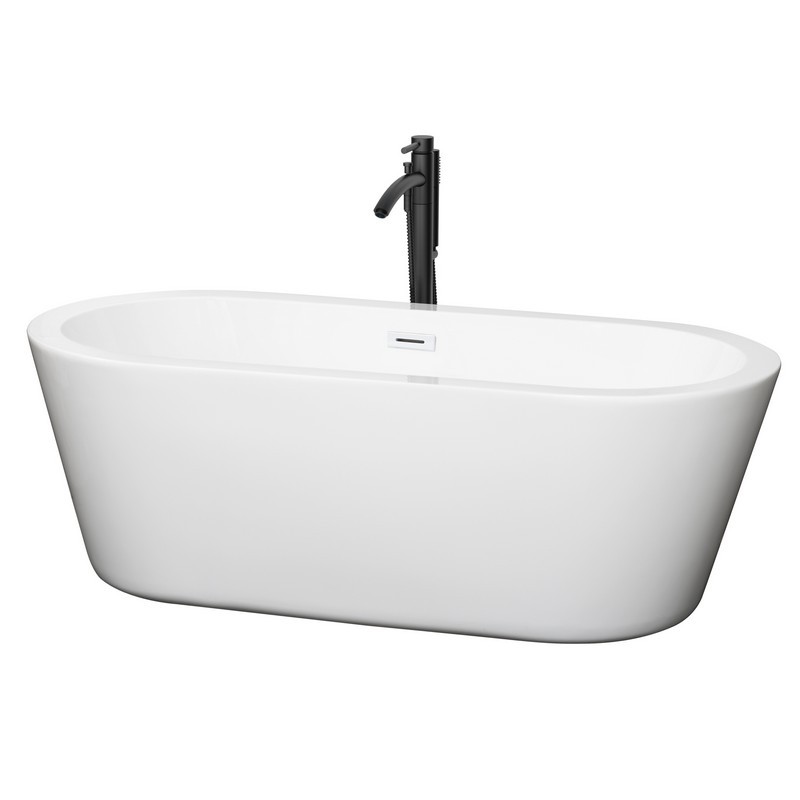 WYNDHAM COLLECTION WCOBT100367SWATPBK MERMAID 67 INCH FREESTANDING BATHTUB IN WHITE WITH SHINY WHITE TRIM AND FLOOR MOUNTED FAUCET IN MATTE BLACK