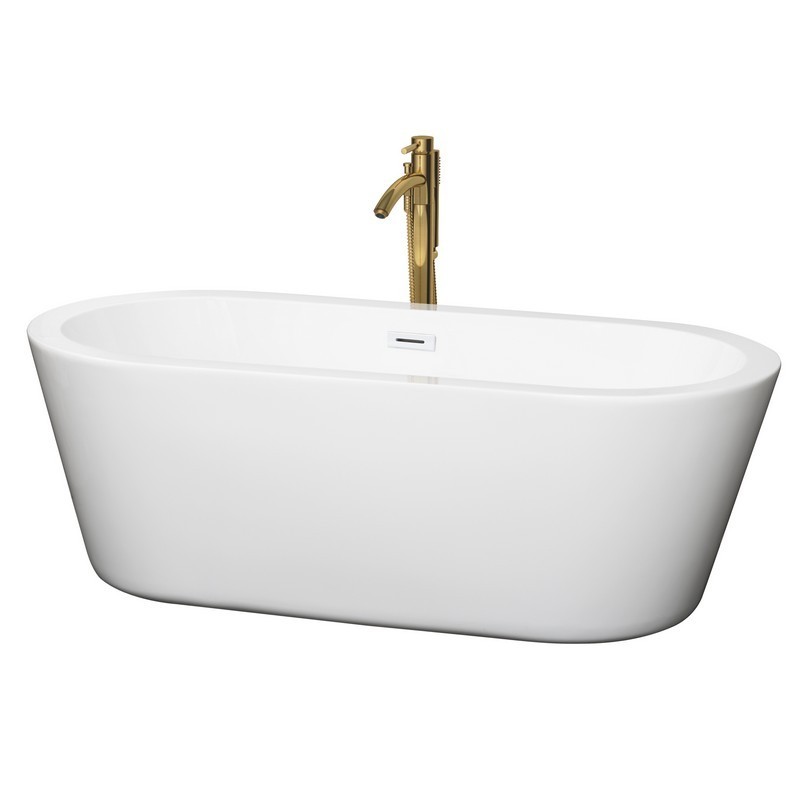 WYNDHAM COLLECTION WCOBT100367SWATPGD MERMAID 67 INCH FREESTANDING BATHTUB IN WHITE WITH SHINY WHITE TRIM AND FLOOR MOUNTED FAUCET IN BRUSHED GOLD