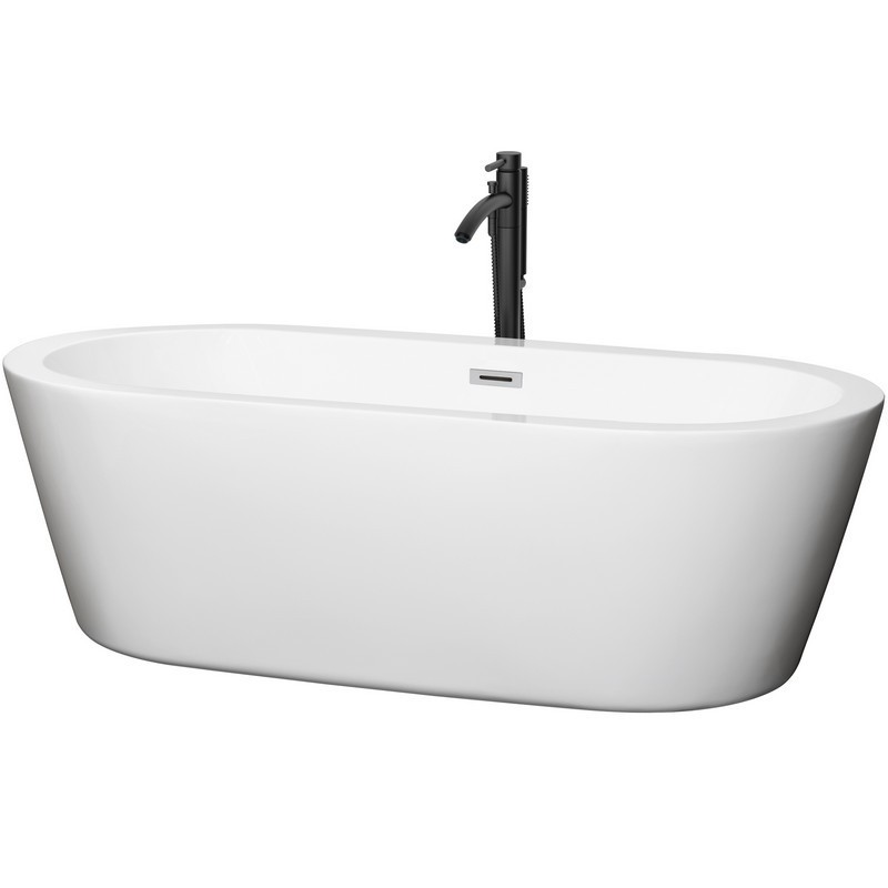 WYNDHAM COLLECTION WCOBT100371PCATPBK MERMAID 71 INCH FREESTANDING BATHTUB IN WHITE WITH POLISHED CHROME TRIM AND FLOOR MOUNTED FAUCET IN MATTE BLACK