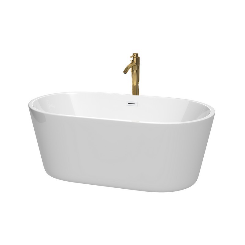 WYNDHAM COLLECTION WCOBT101260SWATPGD CARISSA 60 INCH FREESTANDING BATHTUB IN WHITE WITH SHINY WHITE TRIM AND FLOOR MOUNTED FAUCET IN BRUSHED GOLD