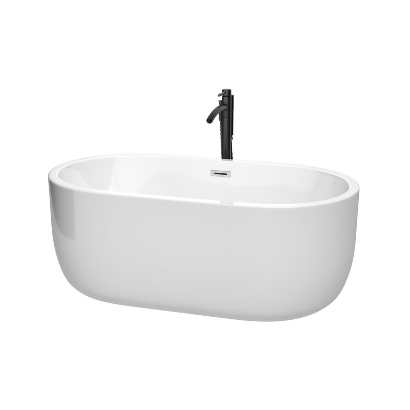 WYNDHAM COLLECTION WCOBT101360PCATPBK JULIETTE 60 INCH FREESTANDING BATHTUB IN WHITE WITH POLISHED CHROME TRIM AND FLOOR MOUNTED FAUCET IN MATTE BLACK