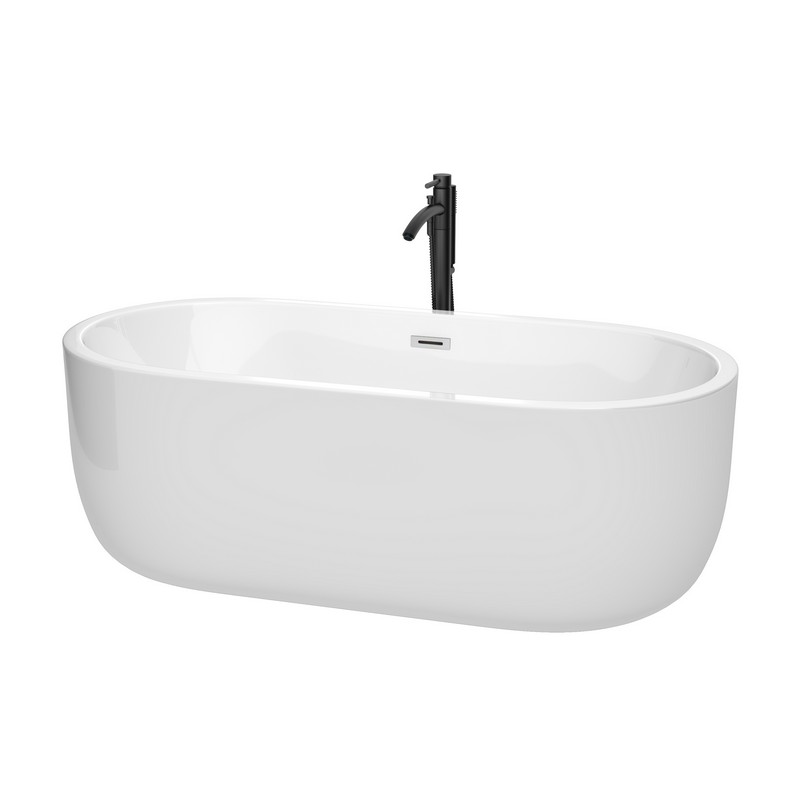 WYNDHAM COLLECTION WCOBT101367PCATPBK JULIETTE 67 INCH FREESTANDING BATHTUB IN WHITE WITH POLISHED CHROME TRIM AND FLOOR MOUNTED FAUCET IN MATTE BLACK