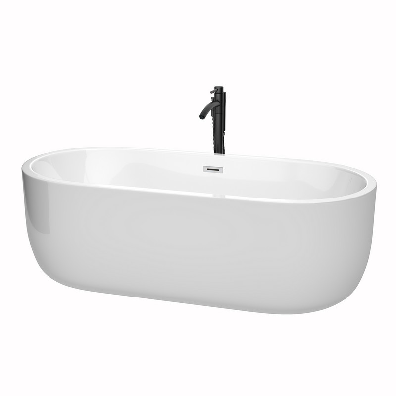 WYNDHAM COLLECTION WCOBT101371PCATPBK JULIETTE 71 INCH FREESTANDING BATHTUB IN WHITE WITH POLISHED CHROME TRIM AND FLOOR MOUNTED FAUCET IN MATTE BLACK