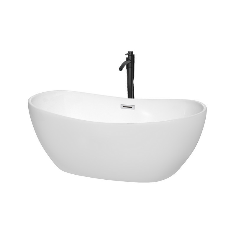 WYNDHAM COLLECTION WCOBT101460PCATPBK REBECCA 60 INCH FREESTANDING BATHTUB IN WHITE WITH POLISHED CHROME TRIM AND FLOOR MOUNTED FAUCET IN MATTE BLACK