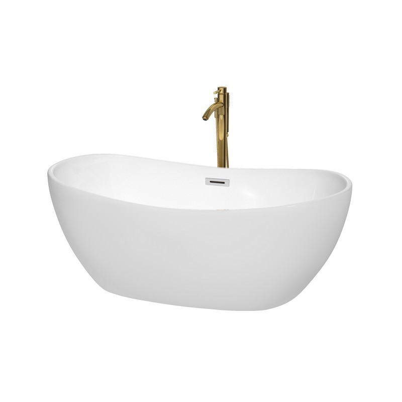 WYNDHAM COLLECTION WCOBT101460PCATPGD REBECCA 60 INCH FREESTANDING BATHTUB IN WHITE WITH POLISHED CHROME TRIM AND FLOOR MOUNTED FAUCET IN BRUSHED GOLD