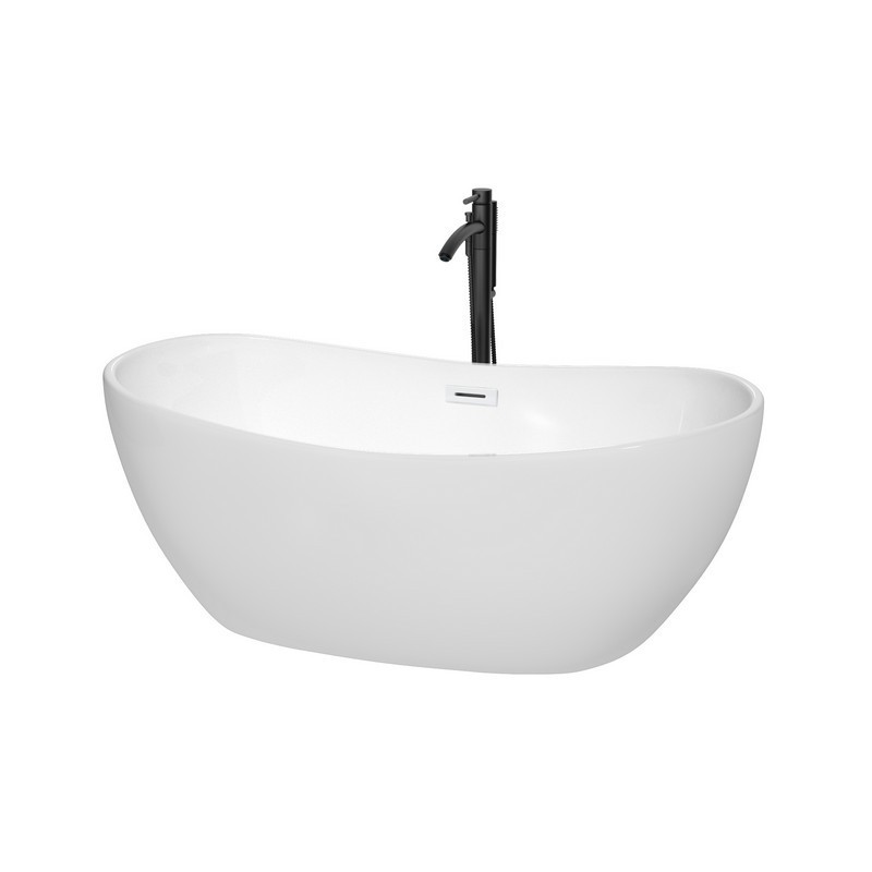 WYNDHAM COLLECTION WCOBT101460SWATPBK REBECCA 60 INCH FREESTANDING BATHTUB IN WHITE WITH SHINY WHITE TRIM AND FLOOR MOUNTED FAUCET IN MATTE BLACK