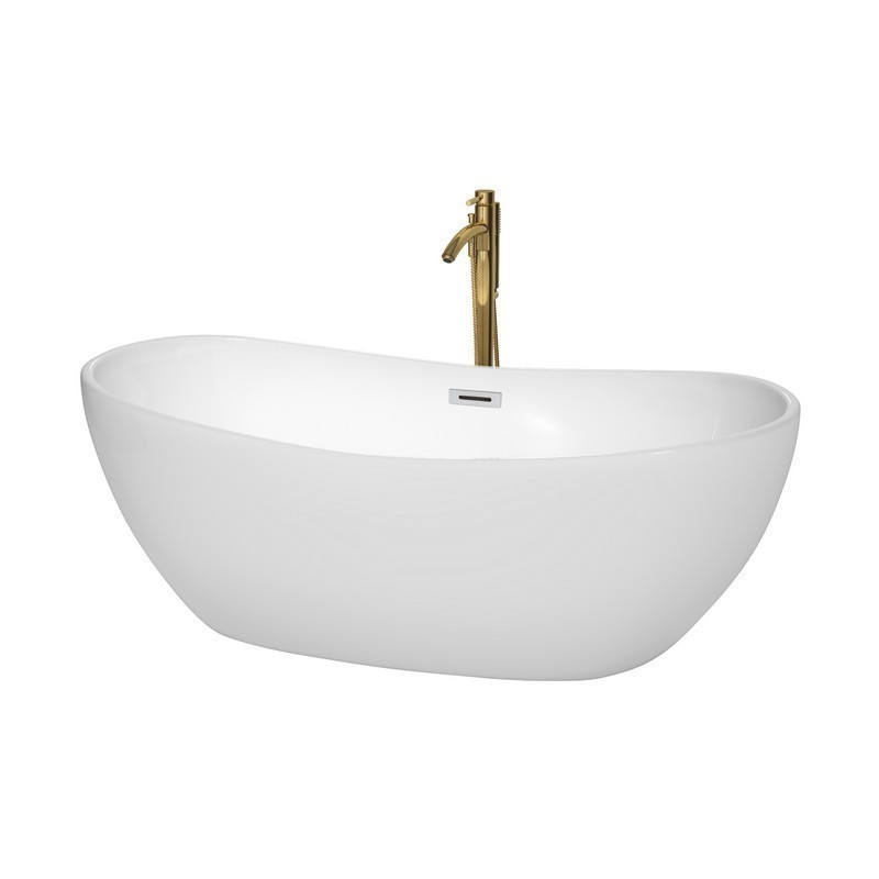 WYNDHAM COLLECTION WCOBT101465PCATPGD REBECCA 65 INCH FREESTANDING BATHTUB IN WHITE WITH POLISHED CHROME TRIM AND FLOOR MOUNTED FAUCET IN BRUSHED GOLD