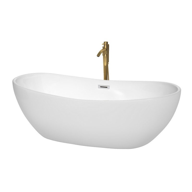 WYNDHAM COLLECTION WCOBT101470PCATPGD REBECCA 70 INCH FREESTANDING BATHTUB IN WHITE WITH POLISHED CHROME TRIM AND FLOOR MOUNTED FAUCET IN BRUSHED GOLD