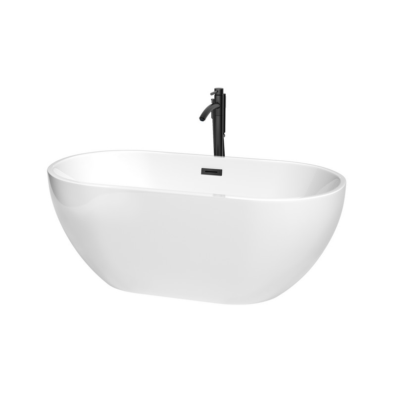 WYNDHAM COLLECTION WCOBT200060MBATPBK BROOKLYN 60 INCH FREESTANDING BATHTUB IN WHITE WITH FLOOR MOUNTED FAUCET, DRAIN AND OVERFLOW TRIM IN MATTE BLACK