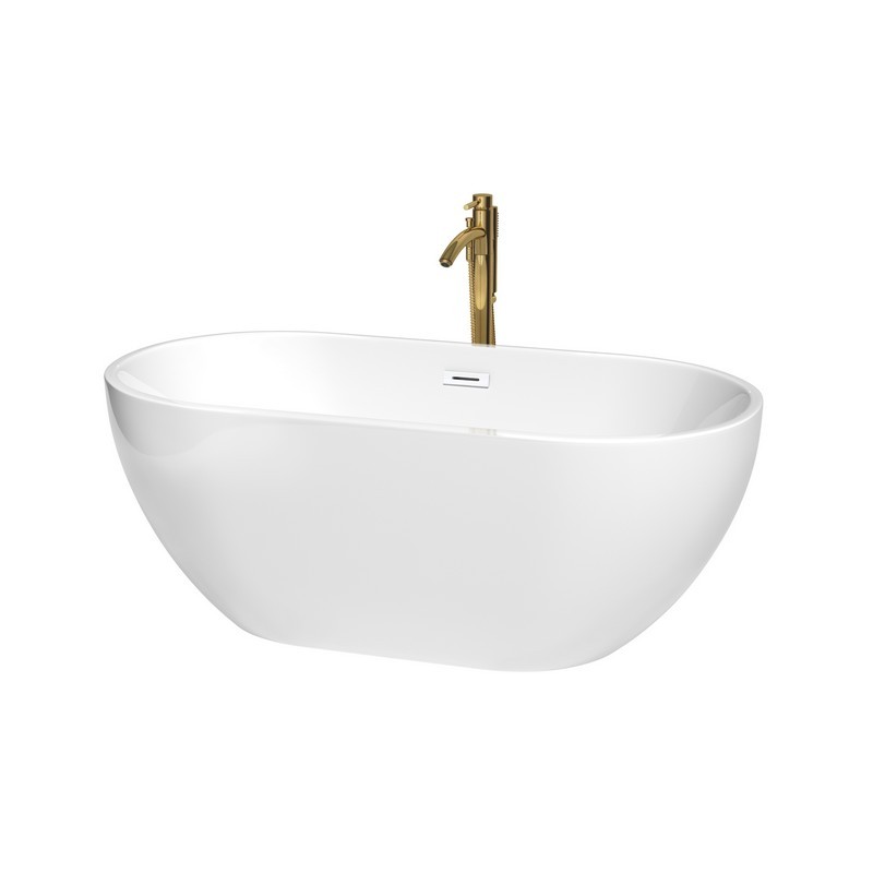 WYNDHAM COLLECTION WCOBT200060SWATPGD BROOKLYN 60 INCH FREESTANDING BATHTUB IN WHITE WITH SHINY WHITE TRIM AND FLOOR MOUNTED FAUCET IN BRUSHED GOLD