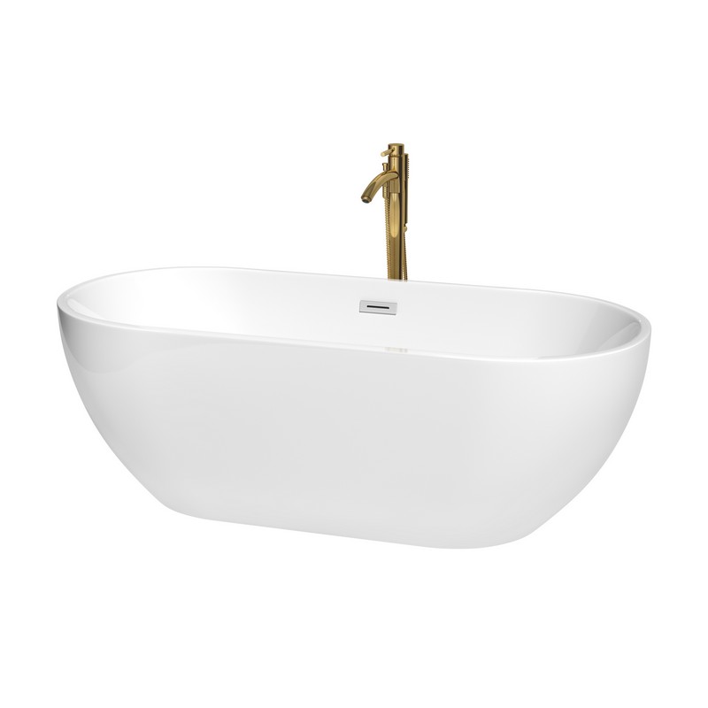 WYNDHAM COLLECTION WCOBT200067PCATPGD BROOKLYN 67 INCH FREESTANDING BATHTUB IN WHITE WITH POLISHED CHROME TRIM AND FLOOR MOUNTED FAUCET IN BRUSHED GOLD