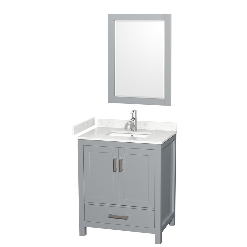WYNDHAM COLLECTION WCS141430SGYC2UNSM24 SHEFFIELD 30 INCH SINGLE BATHROOM VANITY IN GRAY WITH CARRARA CULTURED MARBLE COUNTERTOP, UNDERMOUNT SQUARE SINK AND 24 INCH MIRROR
