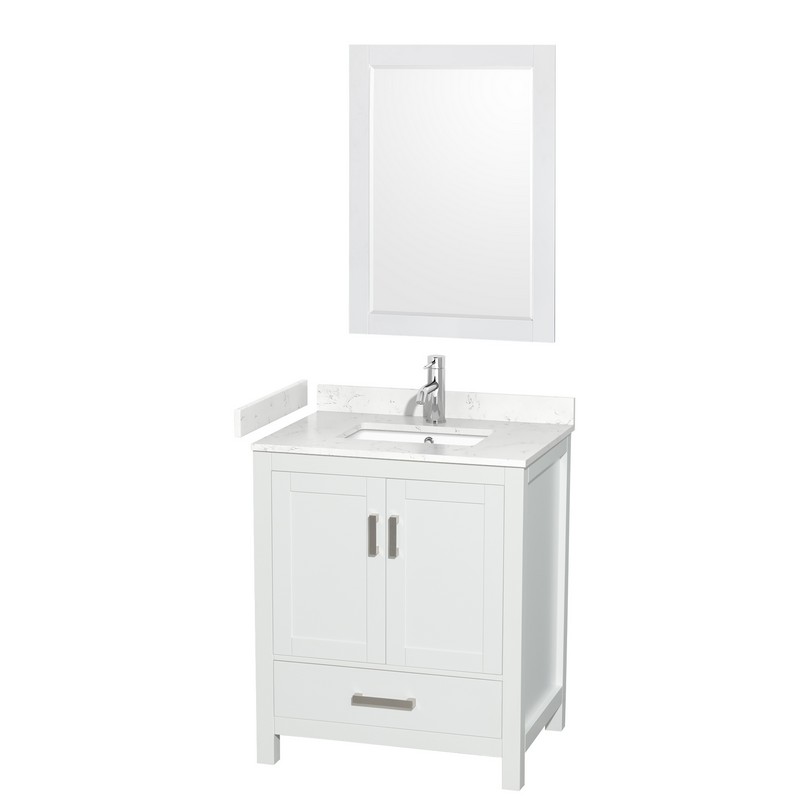 WYNDHAM COLLECTION WCS141430SWHC2UNSM24 SHEFFIELD 30 INCH SINGLE BATHROOM VANITY IN WHITE WITH CARRARA CULTURED MARBLE COUNTERTOP, UNDERMOUNT SQUARE SINK AND 24 INCH MIRROR