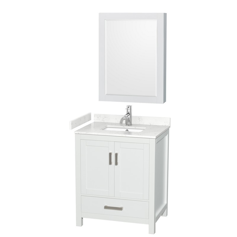 WYNDHAM COLLECTION WCS141430SWHC2UNSMED SHEFFIELD 30 INCH SINGLE BATHROOM VANITY IN WHITE WITH CARRARA CULTURED MARBLE COUNTERTOP, UNDERMOUNT SQUARE SINK AND MEDICINE CABINET