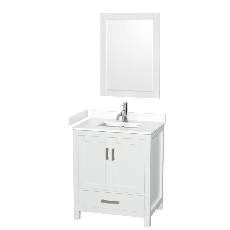 WYNDHAM COLLECTION WCS141430SWHWCUNSM24 SHEFFIELD 30 INCH SINGLE BATHROOM VANITY IN WHITE WITH WHITE CULTURED MARBLE COUNTERTOP, UNDERMOUNT SQUARE SINK AND 24 INCH MIRROR