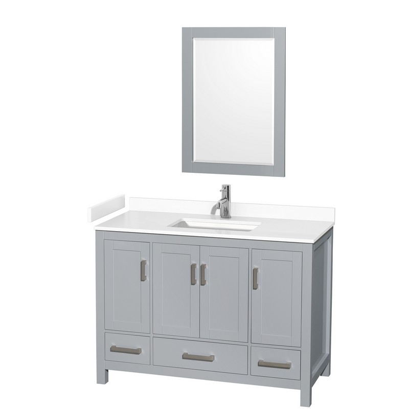 WYNDHAM COLLECTION WCS141448SGYWCUNSM24 SHEFFIELD 48 INCH SINGLE BATHROOM VANITY IN GRAY WITH WHITE CULTURED MARBLE COUNTERTOP, UNDERMOUNT SQUARE SINK AND 24 INCH MIRROR