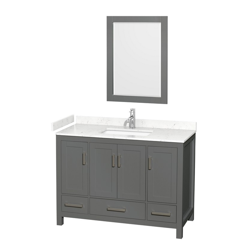 WYNDHAM COLLECTION WCS141448SKGC2UNSM24 SHEFFIELD 48 INCH SINGLE BATHROOM VANITY IN DARK GRAY WITH CARRARA CULTURED MARBLE COUNTERTOP, UNDERMOUNT SQUARE SINK AND 24 INCH MIRROR