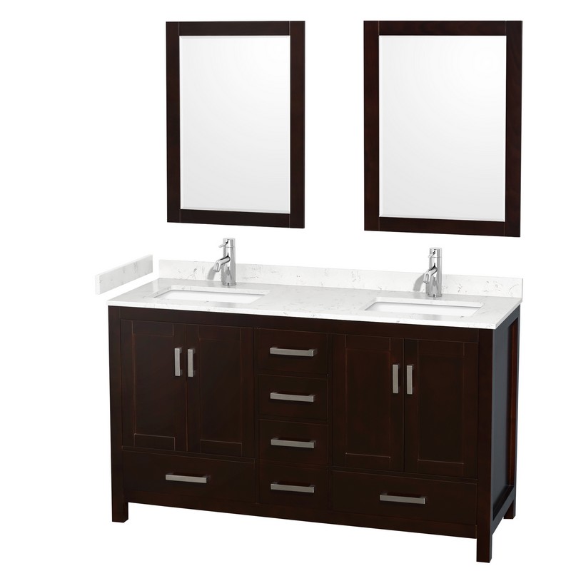 WYNDHAM COLLECTION WCS141460DESC2UNSM24 SHEFFIELD 60 INCH DOUBLE BATHROOM VANITY IN ESPRESSO WITH CARRARA CULTURED MARBLE COUNTERTOP, UNDERMOUNT SQUARE SINKS AND 24 INCH MIRRORS