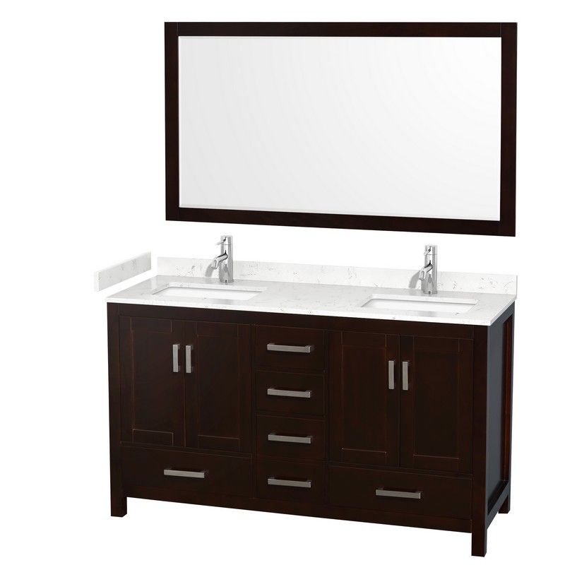 WYNDHAM COLLECTION WCS141460DESC2UNSM58 SHEFFIELD 60 INCH DOUBLE BATHROOM VANITY IN ESPRESSO WITH CARRARA CULTURED MARBLE COUNTERTOP, UNDERMOUNT SQUARE SINKS AND 58 INCH MIRROR