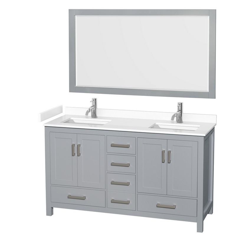 WYNDHAM COLLECTION WCS141460DGYWCUNSM58 SHEFFIELD 60 INCH DOUBLE BATHROOM VANITY IN GRAY WITH WHITE CULTURED MARBLE COUNTERTOP, UNDERMOUNT SQUARE SINKS AND 58 INCH MIRROR