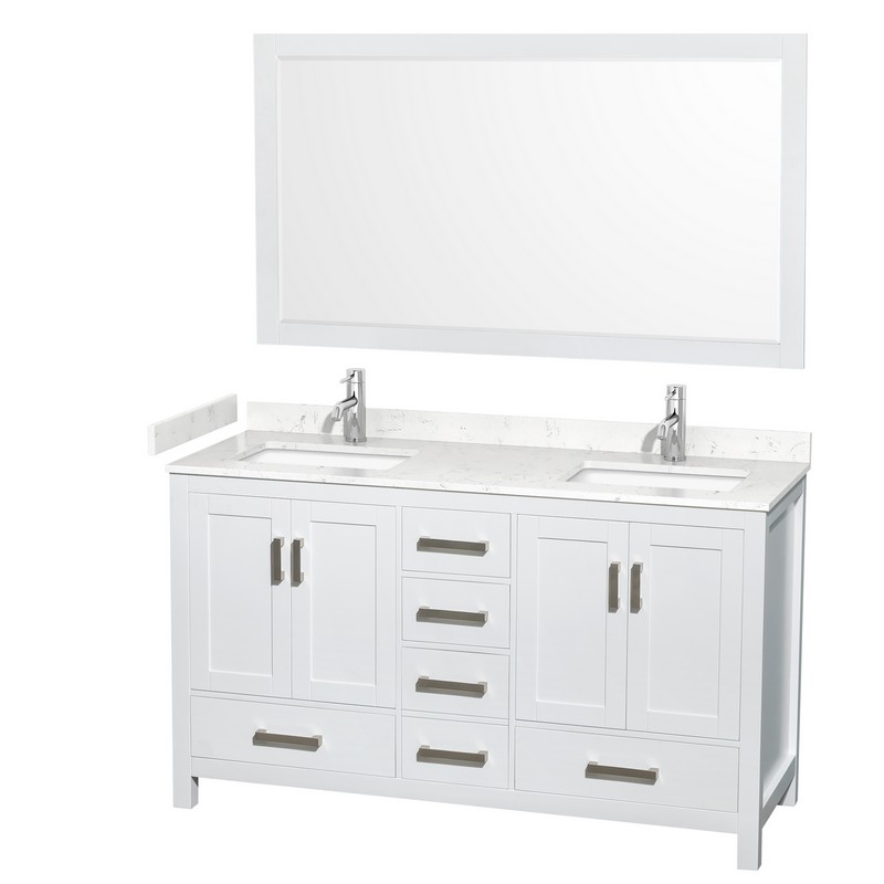 WYNDHAM COLLECTION WCS141460DWHC2UNSM58 SHEFFIELD 60 INCH DOUBLE BATHROOM VANITY IN WHITE WITH CARRARA CULTURED MARBLE COUNTERTOP, UNDERMOUNT SQUARE SINKS AND 58 INCH MIRROR
