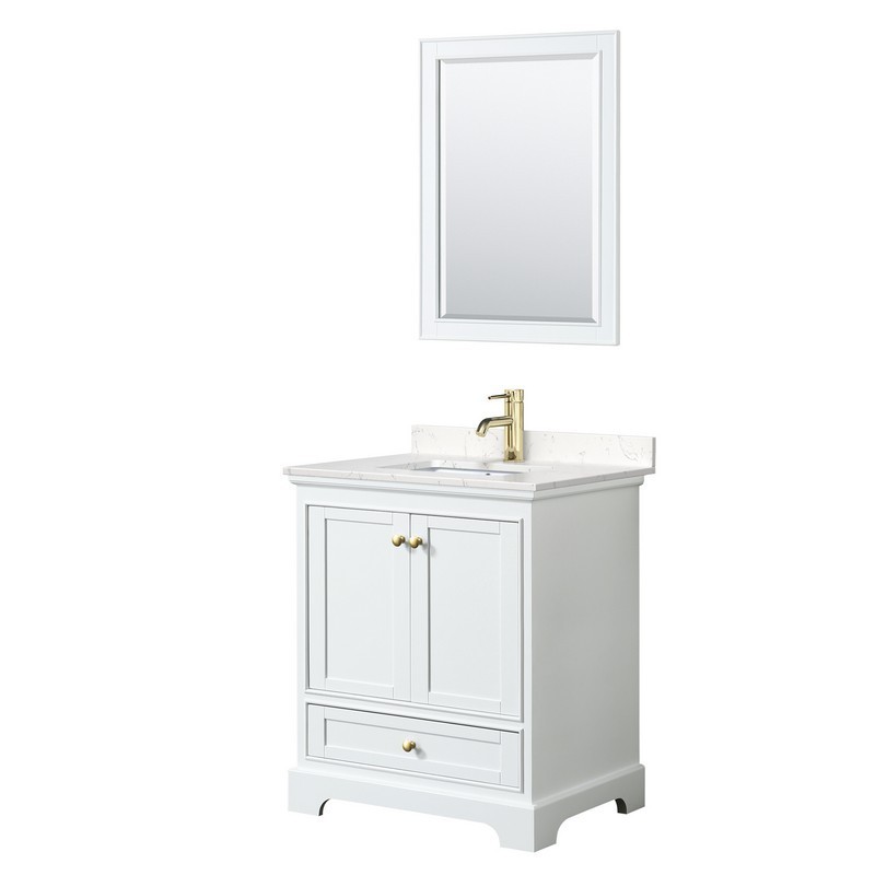WYNDHAM COLLECTION WCS202030SWGC2UNSM24 DEBORAH 30 INCH SINGLE BATHROOM VANITY IN WHITE WITH CARRARA CULTURED MARBLE COUNTERTOP, UNDERMOUNT SQUARE SINK WITH BRUSHED GOLD TRIM AND 24 INCH MIRROR