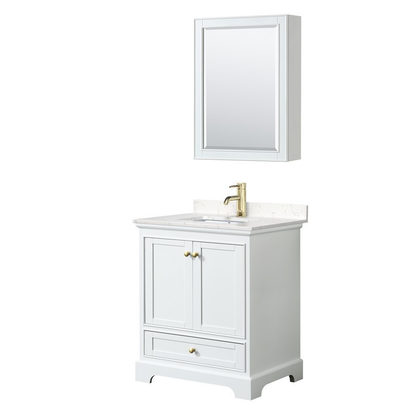 WYNDHAM COLLECTION WCS202030SWGC2UNSMED DEBORAH 30 INCH SINGLE BATHROOM VANITY IN WHITE WITH CARRARA CULTURED MARBLE COUNTERTOP, UNDERMOUNT SQUARE SINK, BRUSHED GOLD TRIM AND MEDICINE CABINET